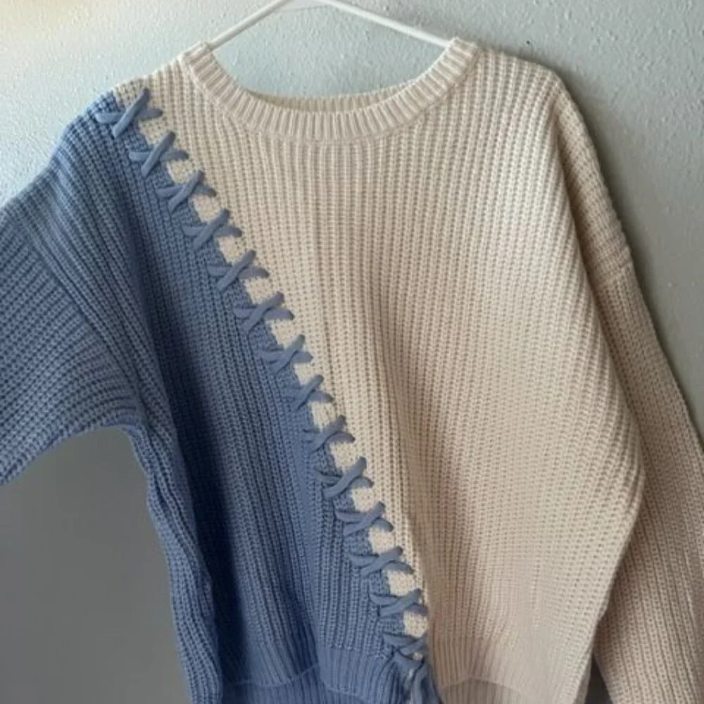 Two-Tone Lace-Up Sweater Davi & Dani 100% Acrylic block color women fall fashion